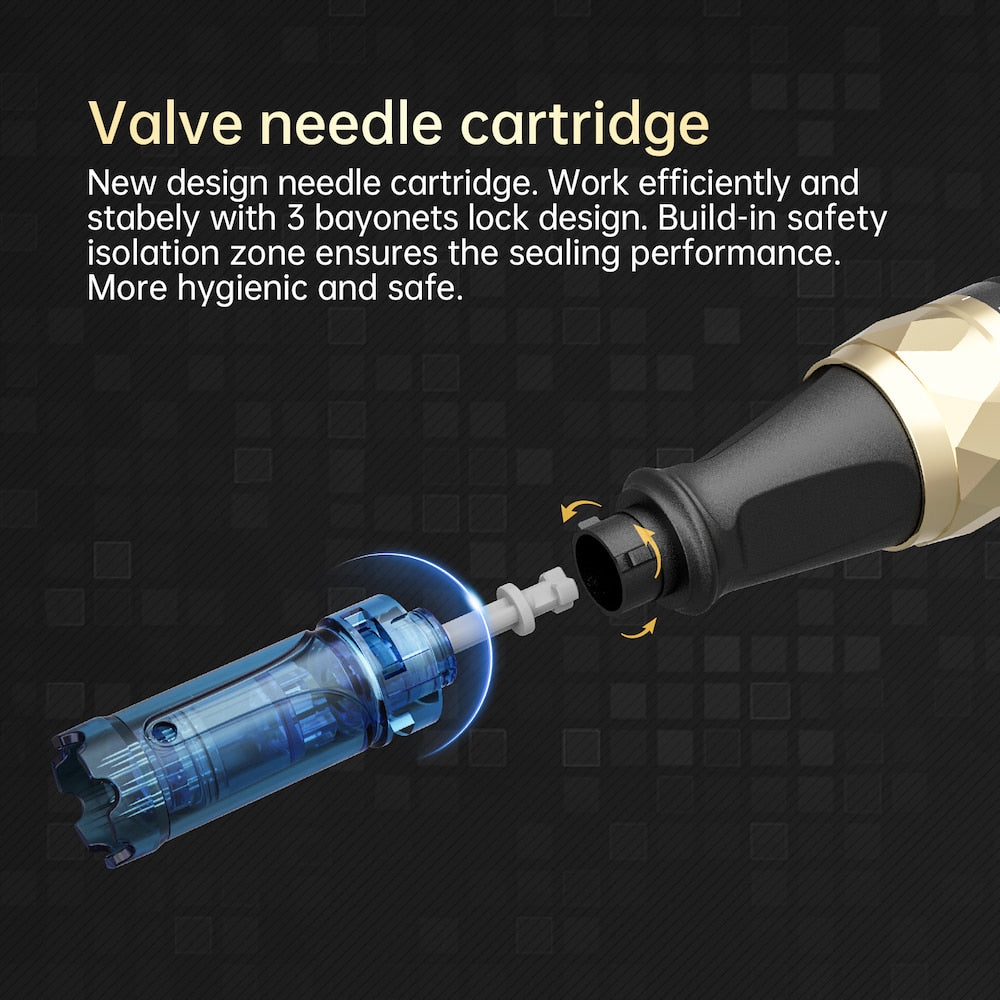 Dr. Pen A8S cartuccia per aghi con design a valvola e triplo blocco che mostra un montaggio sicuro e un utilizzo igienico nel microneedling.