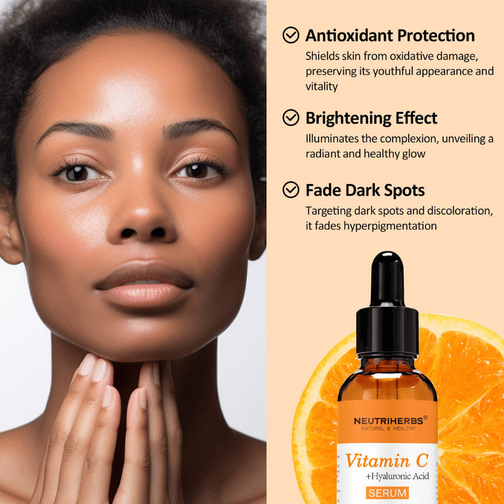 Donna con pelle uniforme e radiosa insieme a Neutriherbs Vitamin C + Hyaluronic Acid Serum 30 ml. Siero con vitamina C e acido ialuronico che aiuta a proteggere la pelle dai radicali liberi, donare maggiore luminosità e ridurre la visibilità delle macchie pigmentarie.