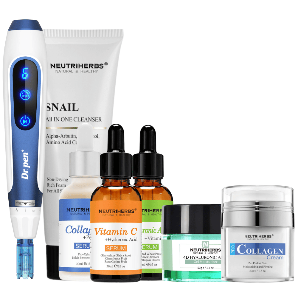 Complete Skin Renewal Kit con Dr. Pen A11, Neutriherbs Snail Cleanser, tre sieri, 4D Hyaluronic Acid Gel Moisturizer e Pro Collagen Cream.
