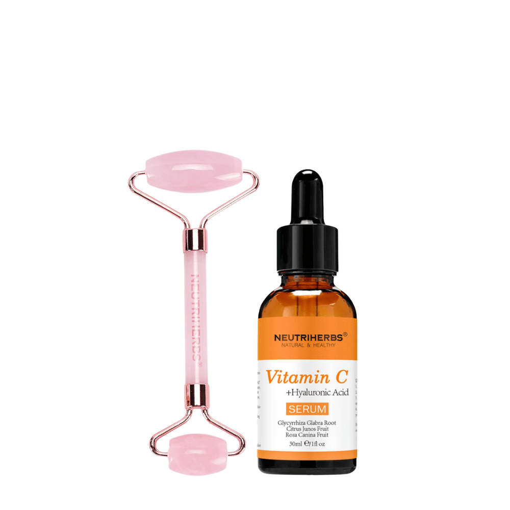 Face Massage Roller Glow Kit con roller in quarzo rosa e Vitamin C Serum