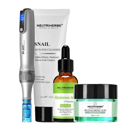 Microneedling Starter Kit con Dr. Pen M8S, Neutriherbs Snail Cleanser, Hyaluronic Acid Serum e 4D Hyaluronic Acid Gel Moisturizer.