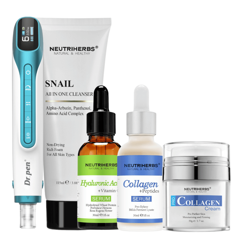 Premium Anti-Aging Kit con Dr. Pen H6, detergente, siero all’acido ialuronico, siero al collagene e crema al collagene.