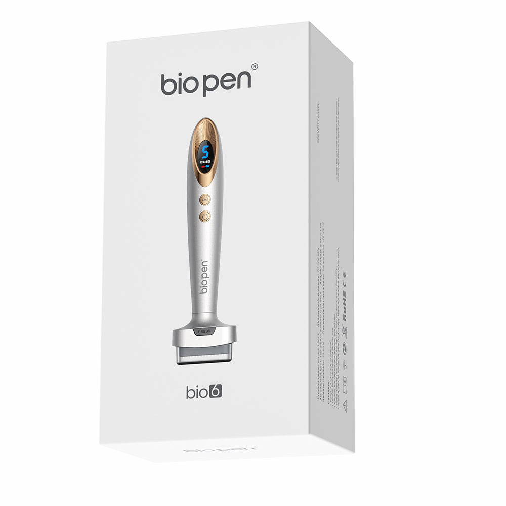 Bio Pen Bio 6 produktförpackning som visar microneedling-enheten med EMS-funktion, designad för avancerad hud- och hårvårdsbehandling.