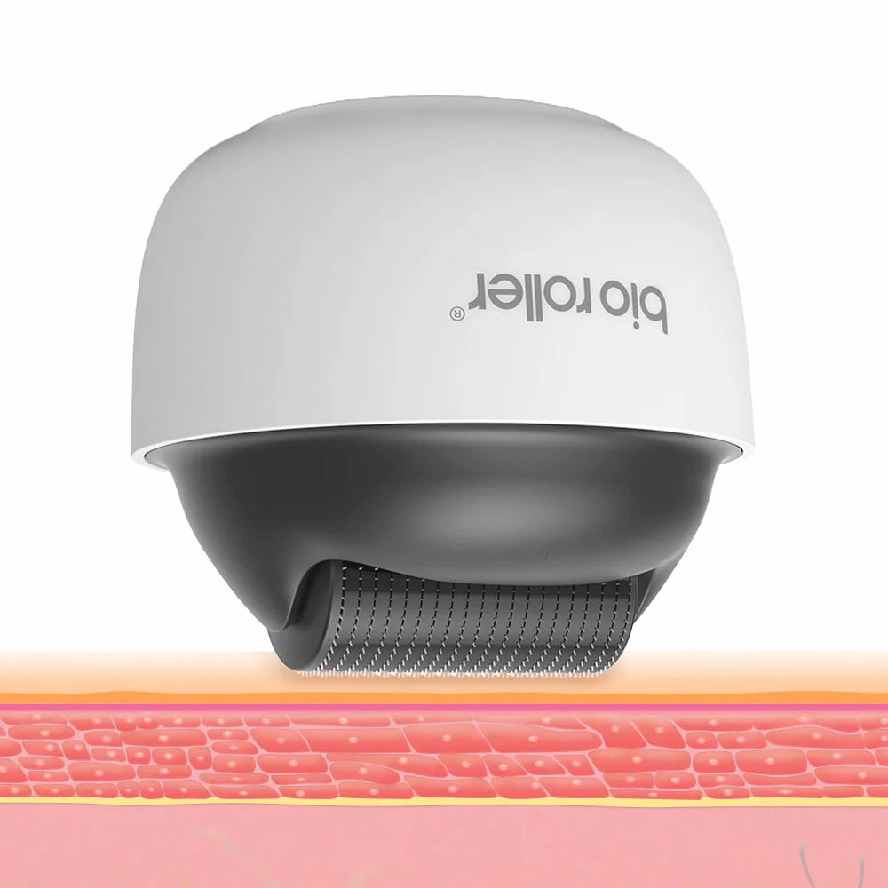 Bio Roller G4 microneedling-roller che mostra come le microaghi penetrano la superficie della pelle per stimolare il collagene e migliorare la struttura della pelle.