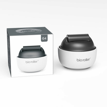 Bio Roller G4 microneedling-roller insieme alla confezione del prodotto, progettato per trattamenti viso, ringiovanimento della pelle e miglior assorbimento del siero.