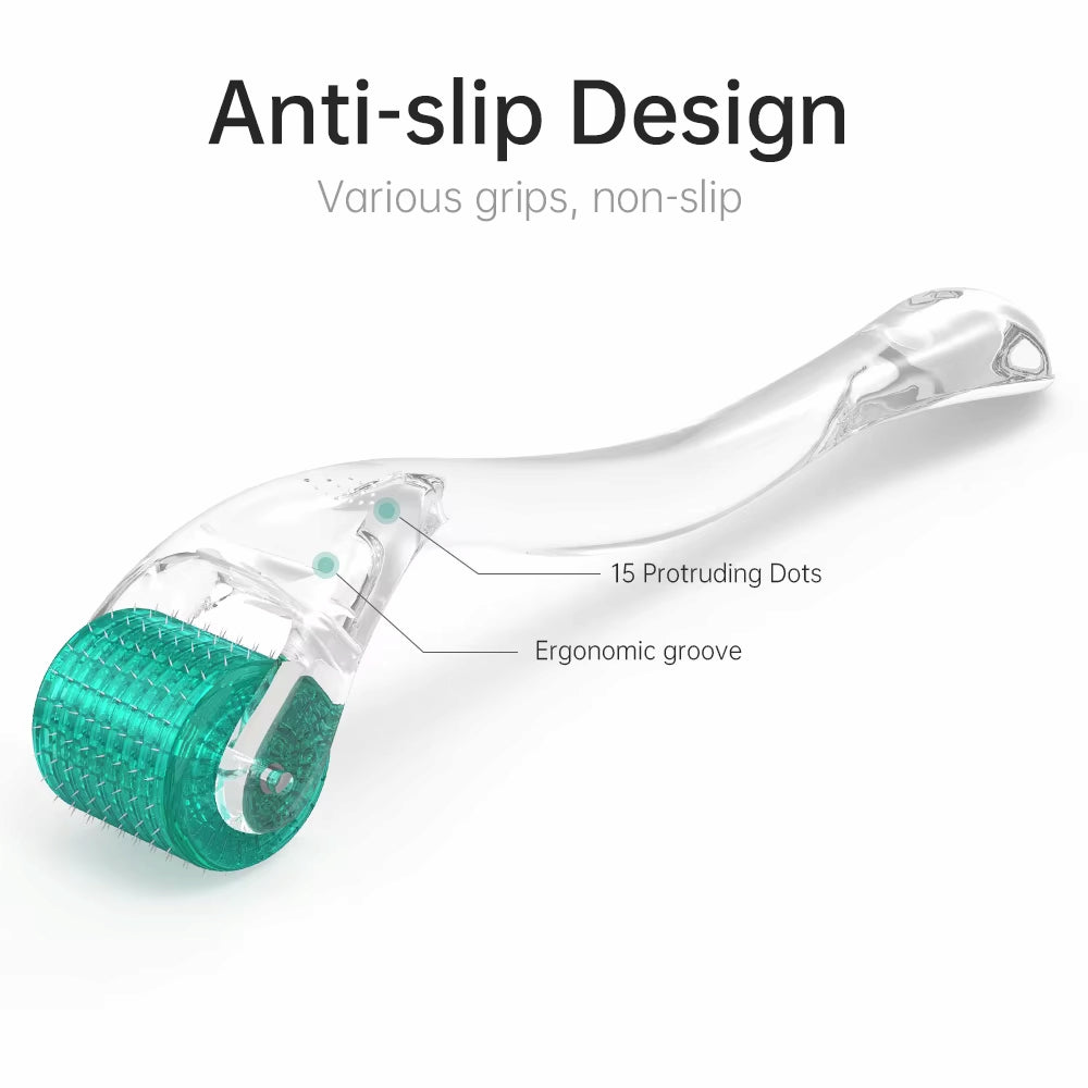 Dermaroller DRS 192 con design antiscivolo, manico ergonomico e 15 punti di presa per un trattamento di microneedling stabile e sicuro.