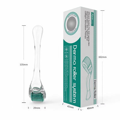 Dermaroller DRS 192 con misure chiare e confezione originale, mostra lunghezza, larghezza e dimensioni dello strumento di microneedling.