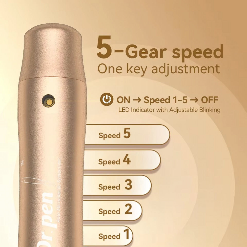 Illustrazione di Dr Pen M5 in oro che mostra la regolazione della velocità a 5 livelli con un pulsante, oltre a un indicatore LED che lampeggia diversamente a seconda del livello di velocità da 1 a 5.