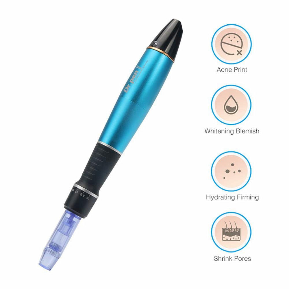 Dr. Pen A1 penna blu microneedling che mostra effetti del trattamento come riduzione delle cicatrici da acne, tono della pelle più luminoso, maggiore idratazione e pori ridotti.