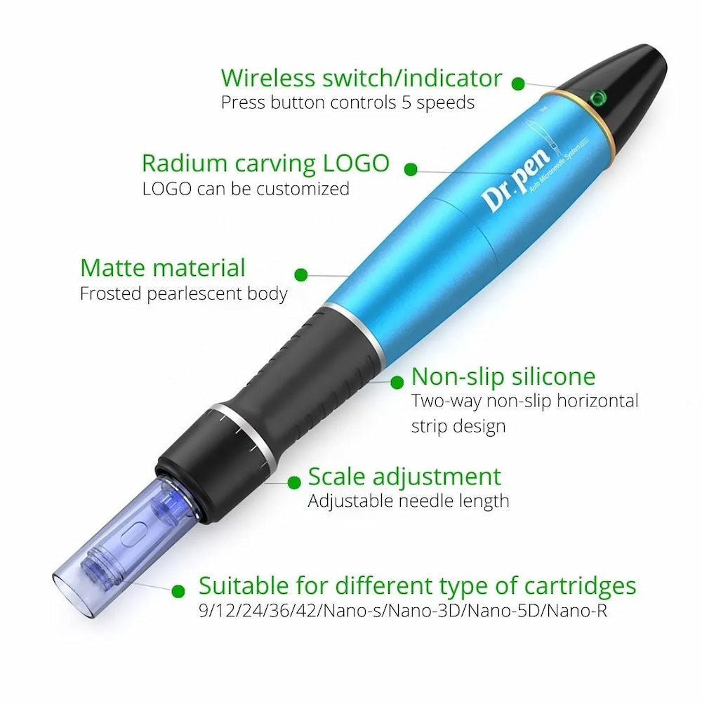 Dr. Pen A1 penna blu microneedling con cinque velocità, impugnatura in silicone antiscivolo, lunghezza dell'ago regolabile e compatibilità con diverse cartucce a aghi.