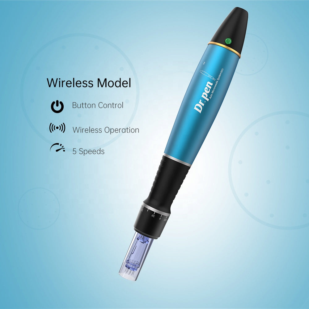 Dr. Pen A1 penna microneedling senza fili con controllo a pulsante, funzionamento senza fili e cinque velocità regolabili per trattamenti cutanei professionali.
