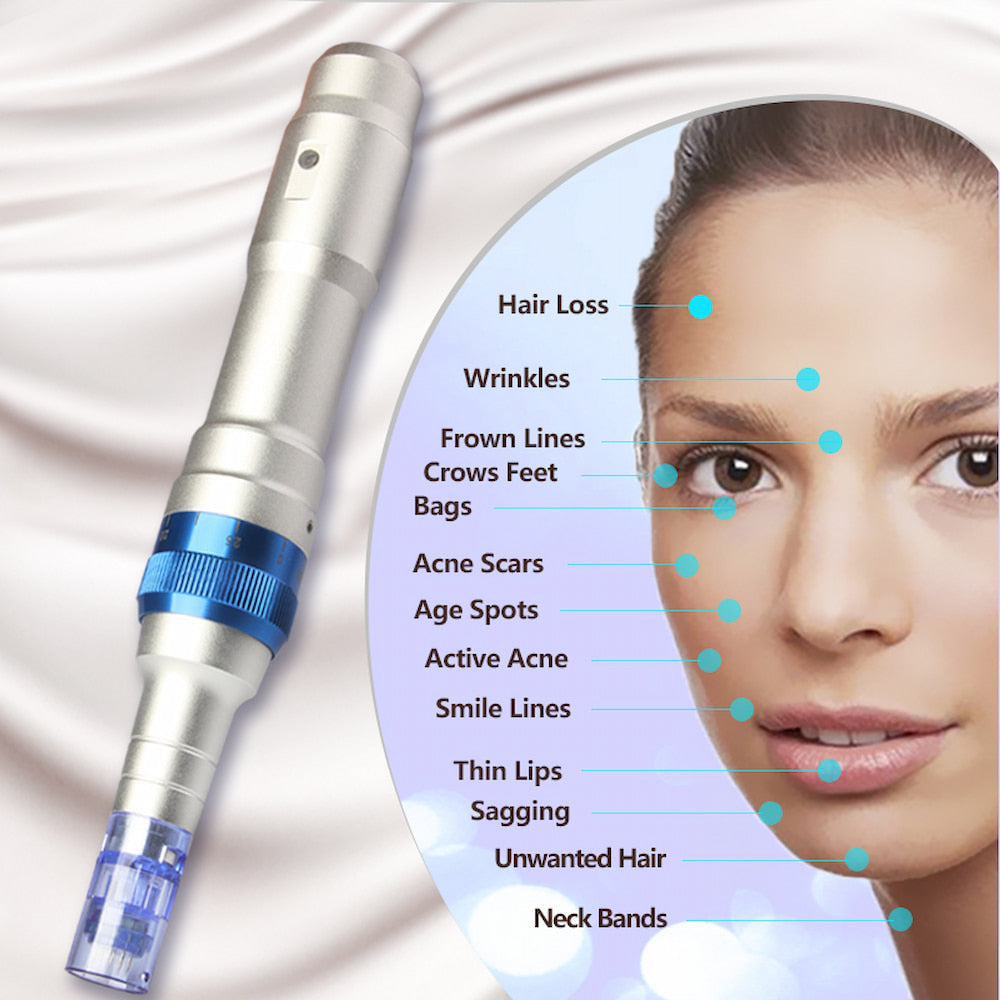 Dr. Pen A6 penna microneedling mostrata accanto a un'illustrazione delle aree di trattamento sul viso come rughe, cicatrici da acne, macchie senili e caduta dei capelli.