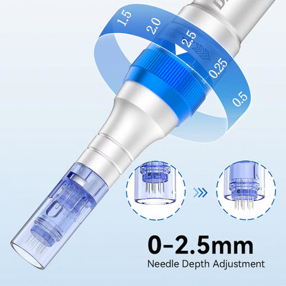 Dr. Pen A6 con cartuccia blu che mostra la profondità dell'ago regolabile da 0 a 2,5 mm per microneedling personalizzato.