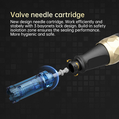 Dr. Pen A8S cartuccia per aghi con design a valvola e triplo blocco che mostra un montaggio sicuro e un utilizzo igienico nel microneedling.