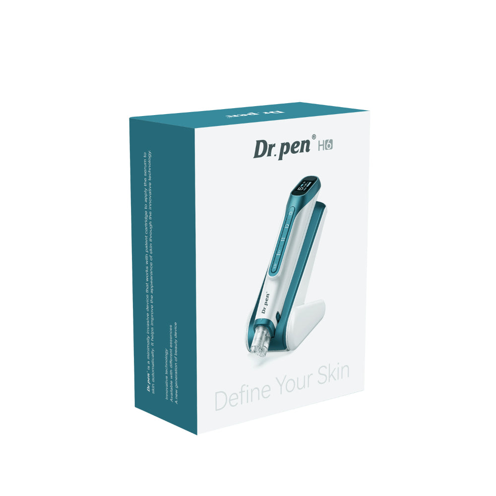 Dr. Pen H6 Hydra Pen nella confezione originale con immagine della penna per microneedling e relativo supporto.