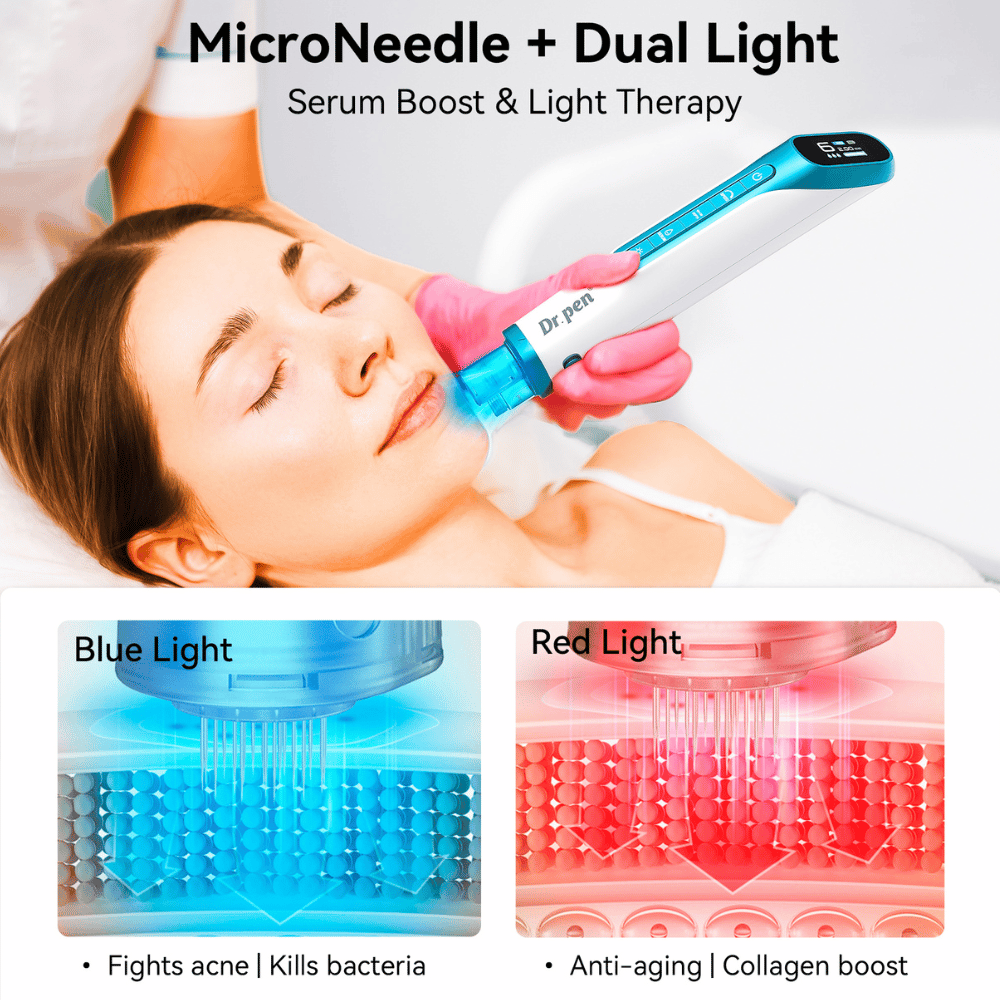 Dr. Pen H6 penna per microneedling con luce LED rossa e blu per il trattamento della pelle.