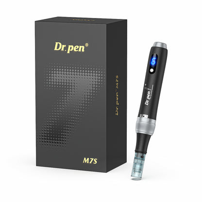 Dr. Pen M7S microneedling-penna con elegante confezione di lusso nera, display LED e cartuccia dell'ago per trattamenti professionali della pelle.