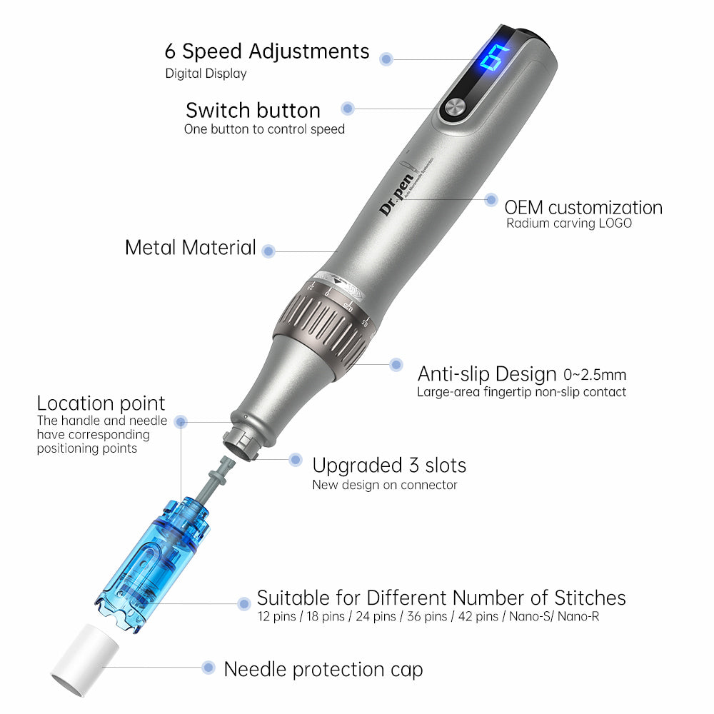 Dr. Pen microneedling-penna con display digitale della velocità, modulo ago, design antiscivolo e profondità dell'ago regolabile fino a 2,5 mm.