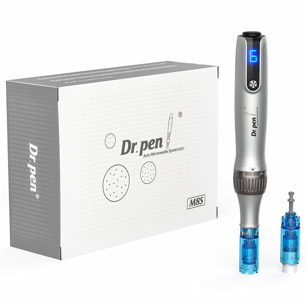 Dr. Pen M8S microneedling-penna con display LED, cartucce ago intercambiabili e confezione completa – kit professionale per trattamento avanzato della pelle.