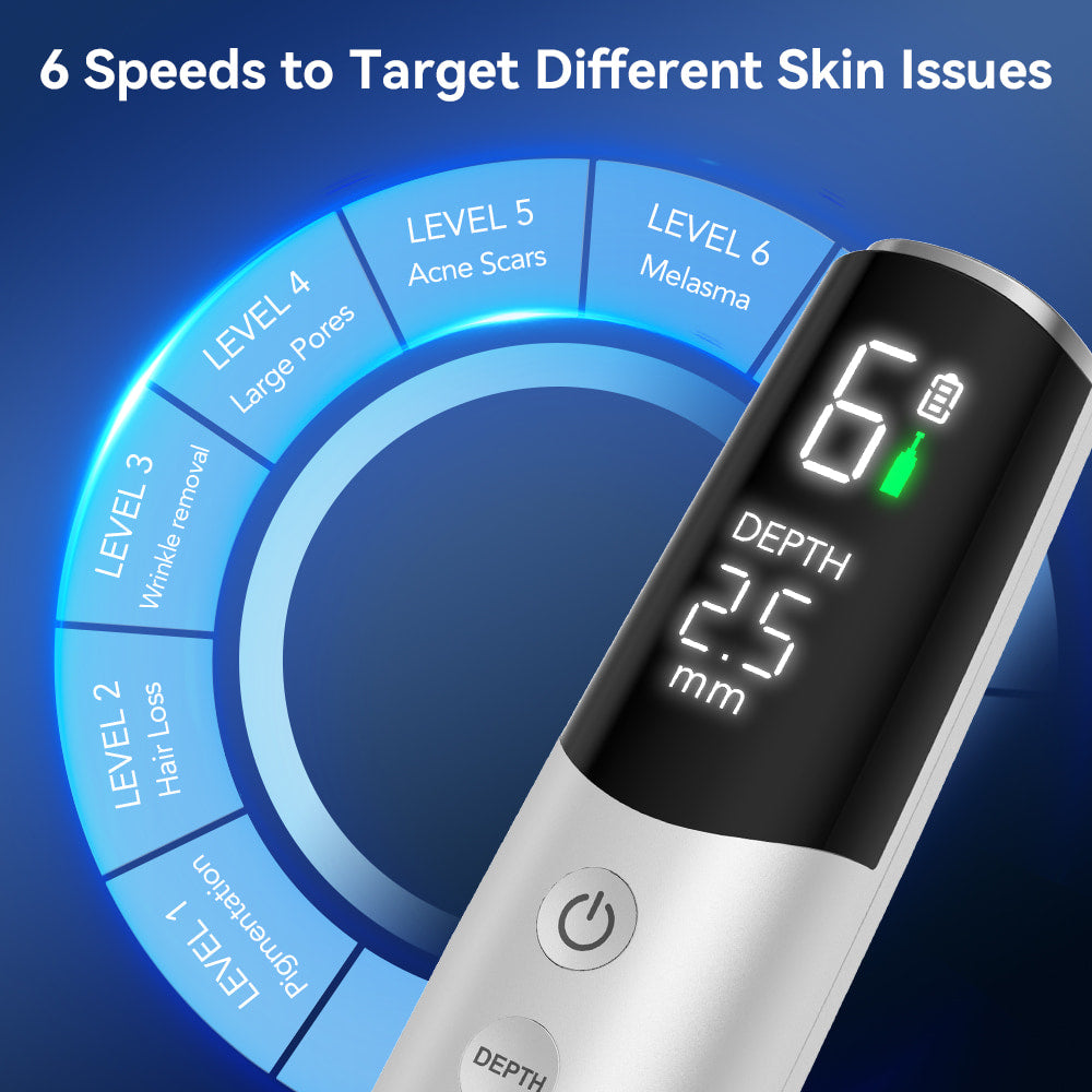 Dr. Pen M9 con 6 livelli di velocità e profondità dell'ago regolabile per microneedling su diversi problemi e tipi di pelle.