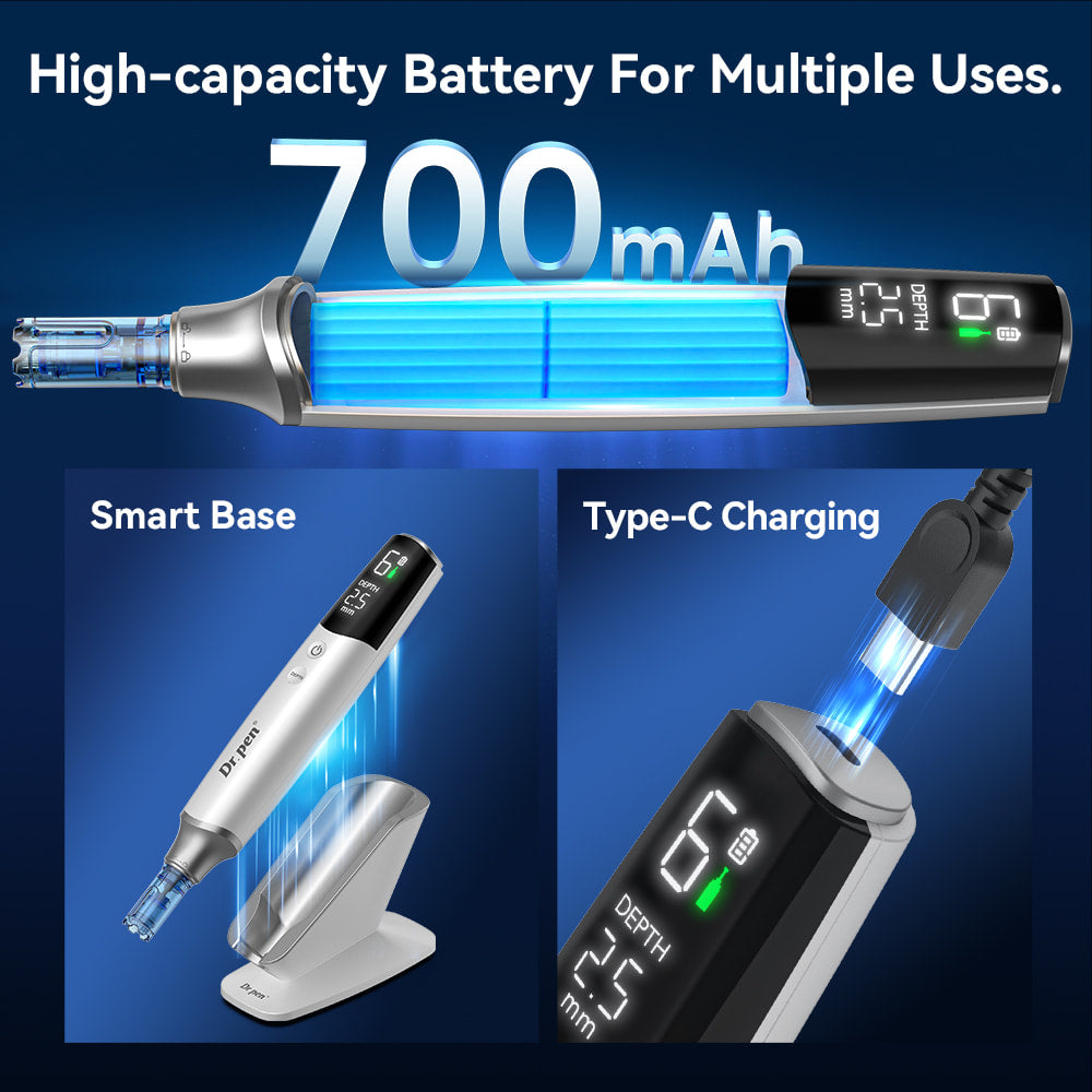 Dr. Pen M9 con potente batteria da 700mAh, ricarica USB-C e supporto di ricarica intelligente per microneedling senza fili e lunga autonomia.