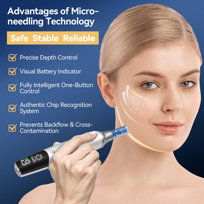 Dr. Pen M9 dermapen con tecnologia microneedling avanzata, profondità dell'ago regolabile e cartuccia ad ago anti-backflow per un trattamento della pelle sicuro.
