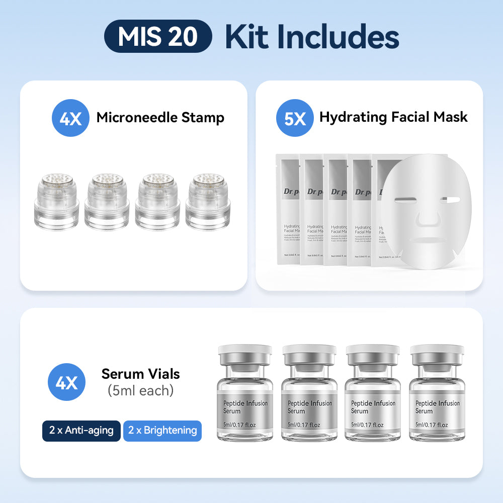 Dr. Pen MIS20 Micro-Infusion Kit con quattro microneedle stamp, cinque maschere viso idratanti e quattro flaconi di siero da 5 ml – due sieri anti-age e due sieri per una pelle più uniforme e luminosa.