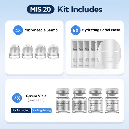 Dr. Pen MIS20 Micro-Infusion Kit con quattro microneedle stamp, cinque maschere viso idratanti e quattro flaconi di siero da 5 ml – due sieri anti-age e due sieri per una pelle più uniforme e luminosa.