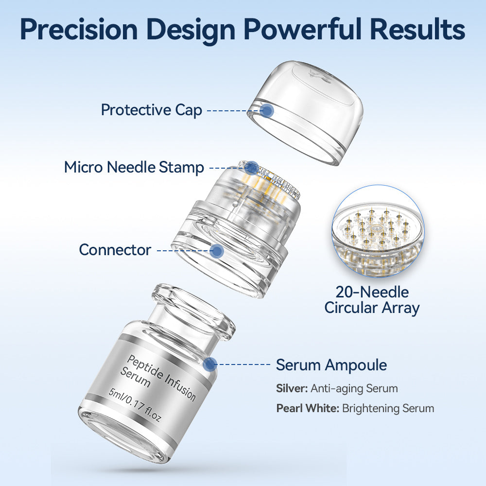 Dr. Pen MIS20 micro-infusione con microneedle stamp a 20 aghi, cappuccio protettivo, connettore e fiala di siero.
