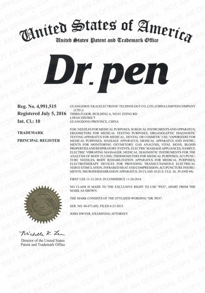 Officiellt certifikat från United States Patent and Trademark Office som visar registreringen av varumärket Dr. Pen.