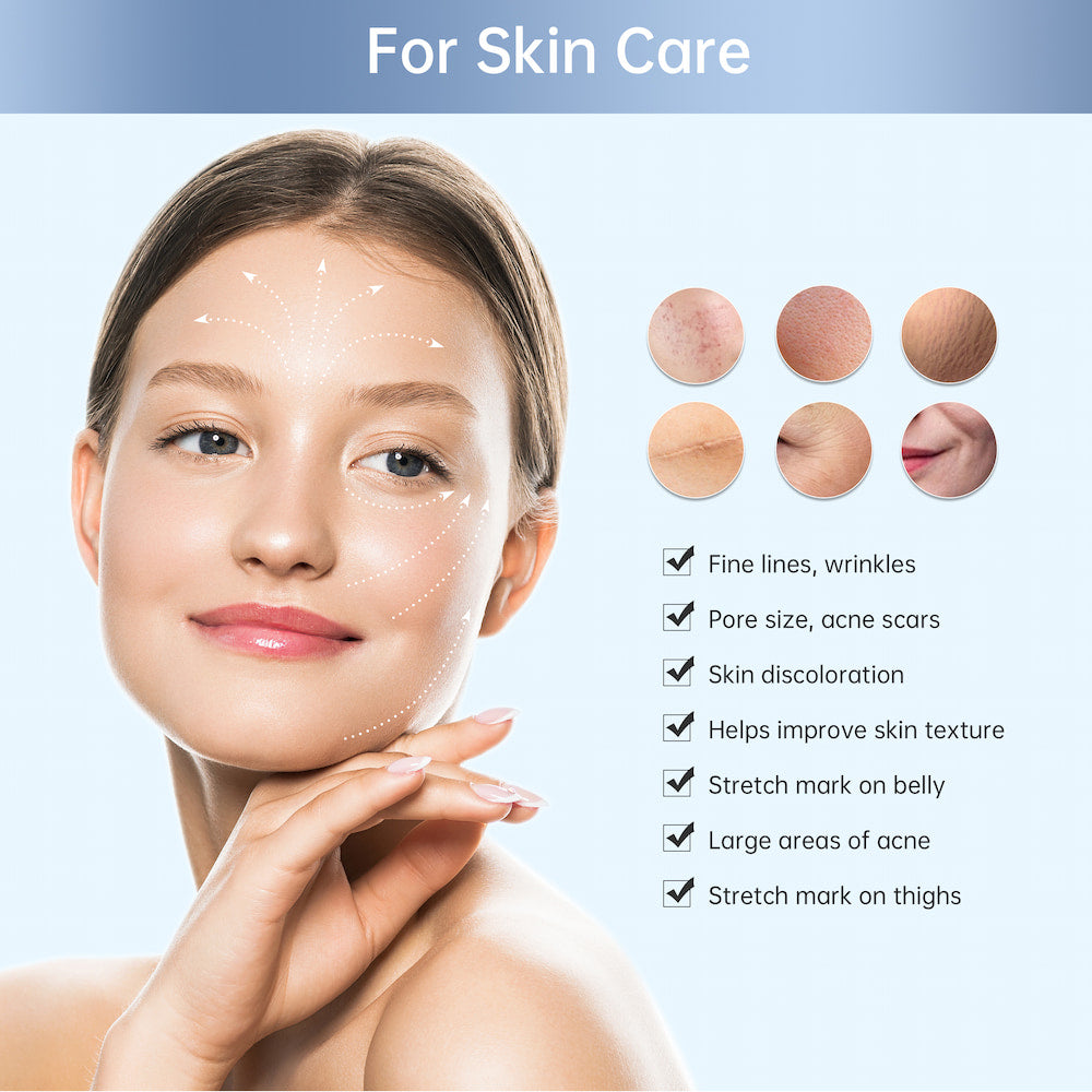 Illustrazione di una donna con frecce marcate sul viso che mostrano le aree di cura della pelle e piccoli esempi di pelle accanto e un elenco di problemi della pelle che possono essere trattati, come linee sottili, pori, cicatrici da acne e struttura della pelle.