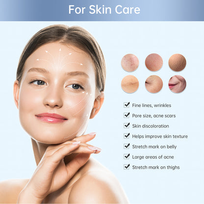 Illustrazione di una donna con frecce marcate sul viso che mostrano le aree di cura della pelle e piccoli esempi di pelle accanto e un elenco di problemi della pelle che possono essere trattati, come linee sottili, pori, cicatrici da acne e struttura della pelle.