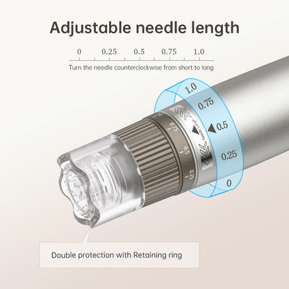 HydraPen h3 con profondità dell'ago regolabile da 0 a 1,0 mm e doppia protezione con anello di sicurezza per un microneedling preciso e sicuro.
