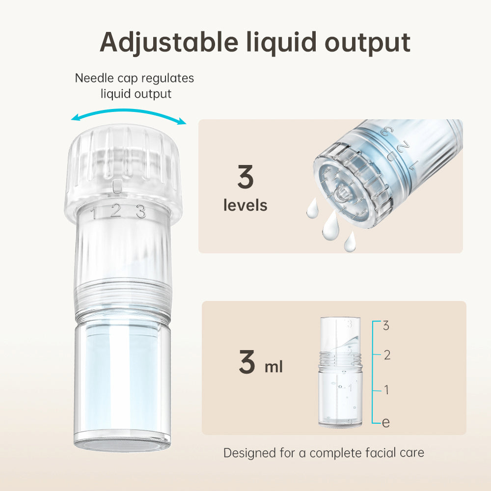 HydraPen H3 testina con dosaggio del liquido regolabile su tre livelli e contenitore da 3 ml per un trattamento del viso preciso e completo.