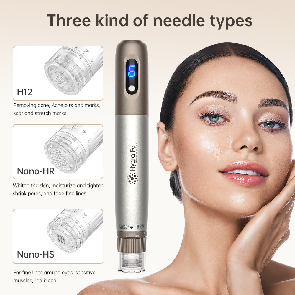 HydraPen H3 con tre diversi tipi di aghi - H12 per cicatrici e acne, Nano-HR per rinnovamento della pelle e riduzione dei pori, e Nano-HS per aree sensibili intorno agli occhi.