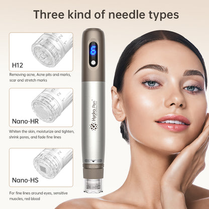HydraPen H3 con tre diversi tipi di aghi - H12 per cicatrici e acne, Nano-HR per rinnovamento della pelle e riduzione dei pori, e Nano-HS per aree sensibili intorno agli occhi.