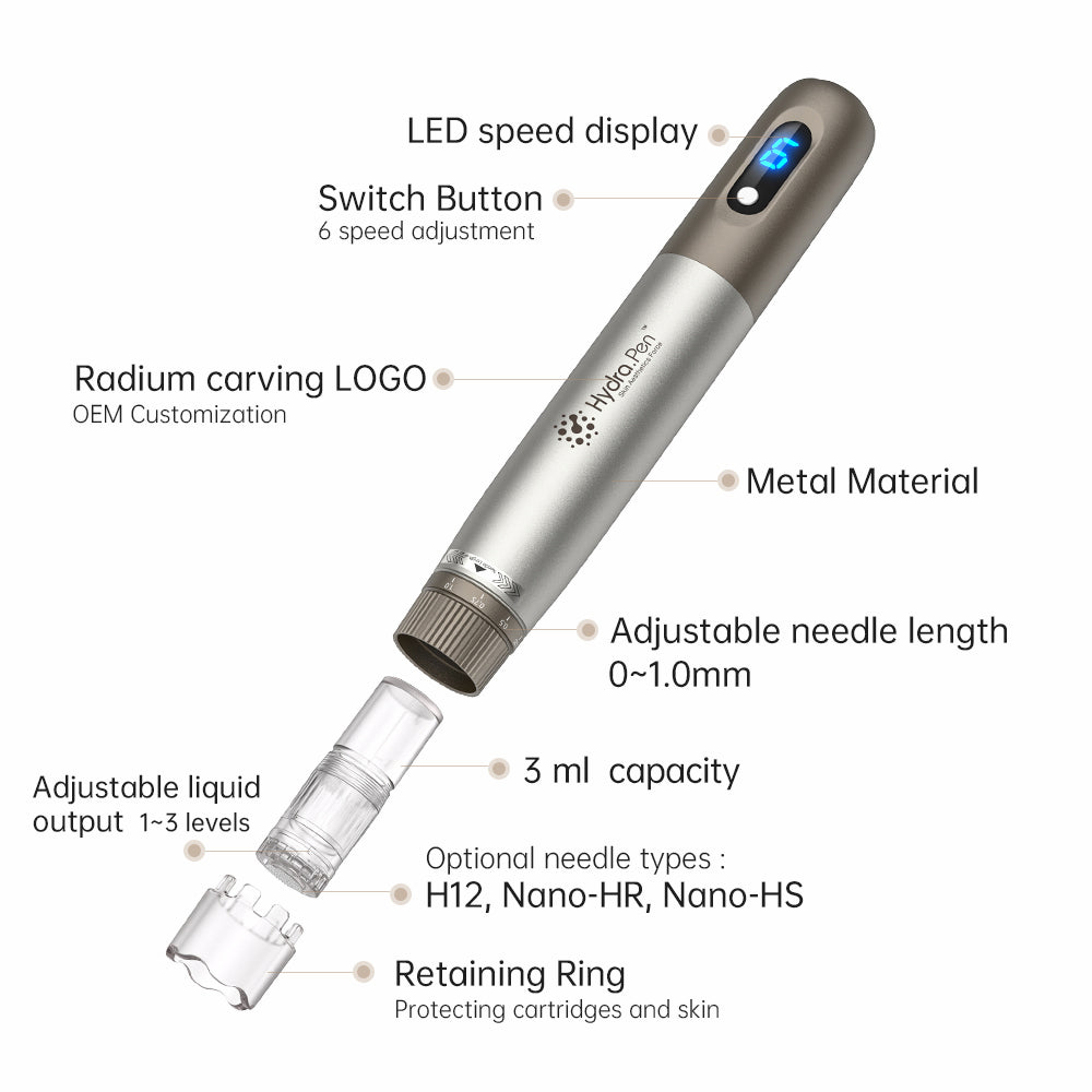 HydraPen h3 con display LED della velocità, 6 velocità, profondità dell'ago regolabile 0-1,0 mm, contenitore da 3 ml per liquidi, rilascio del liquido regolabile e tipi di aghi compatibili H12, Nano-HR e Nano-HS.
