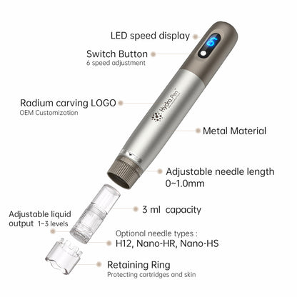 HydraPen h3 con display LED della velocità, 6 velocità, profondità dell'ago regolabile 0-1,0 mm, contenitore da 3 ml per liquidi, rilascio del liquido regolabile e tipi di aghi compatibili H12, Nano-HR e Nano-HS.