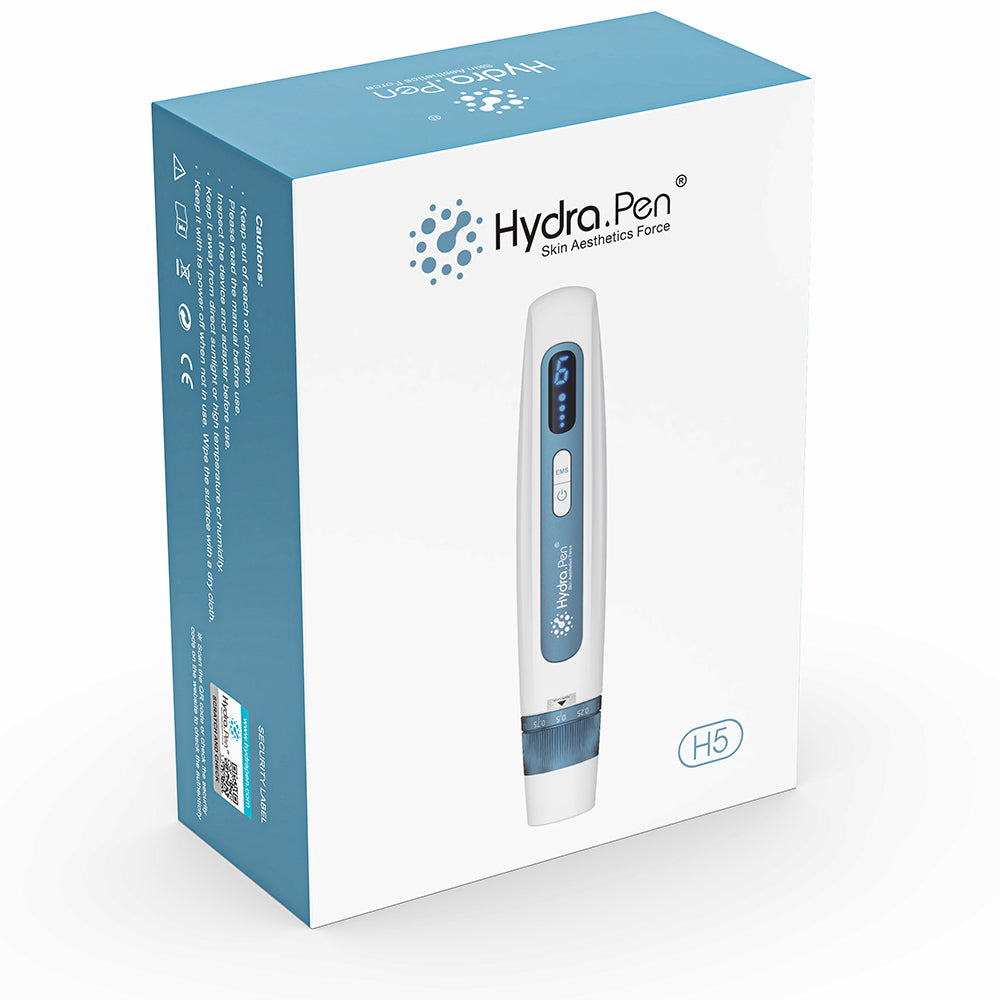 HydraPen H5 confezione che mostra la penna microneedling bianca e blu per infusione di siero e trattamento avanzato della pelle.