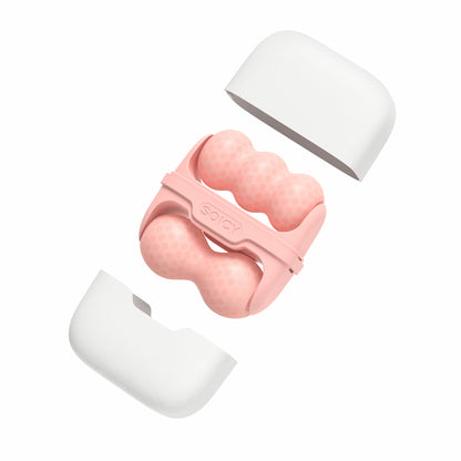 Ice Roller Soicy S30 in rosa – rullo facciale ergonomico per terapia del freddo, massaggio e drenaggio linfatico, mostrato in posizione smontata con custodia bianca.