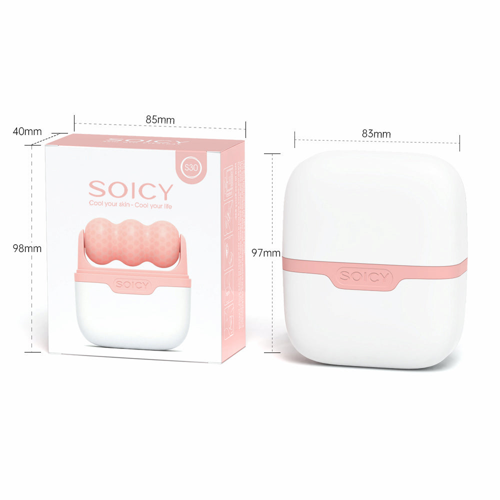 Ice Roller Soicy S30 con scatola del prodotto e misure – rullo facciale rosa e bianco in custodia compatta.
