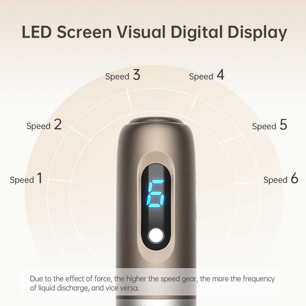 Primo piano di un manico microneedling che mostra un display LED blu con livello di velocità 6, circondato da marcature grafiche per velocità da 1 a 6 e testo su come una velocità maggiore fornisce un flusso di liquido più rapido.