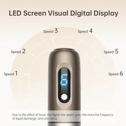 Primo piano di un manico microneedling che mostra un display LED blu con livello di velocità 6, circondato da marcature grafiche per velocità da 1 a 6 e testo su come una velocità maggiore fornisce un flusso di liquido più rapido.