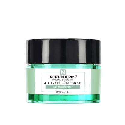 Neutriherbs 4D Hyaluronic Acid Gel Moisturizer 50 g in barattolo verde. Una crema gel leggera con acido ialuronico 4D che idrata la pelle a più livelli, aiuta a rafforzare la barriera cutanea e lascia la pelle morbida, elastica e fresca senza sensazione untuosa.