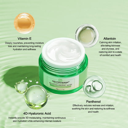 Neutriherbs 4D Hyaluronic Acid Gel Moisturizer 50 g con illustrazione degli ingredienti attivi. La crema contiene acido ialuronico 4D per un’idratazione duratura, oltre a vitamina E, pantenolo e allantoina che aiutano a idratare, lenire la pelle e rafforzare la barriera protettiva cutanea.