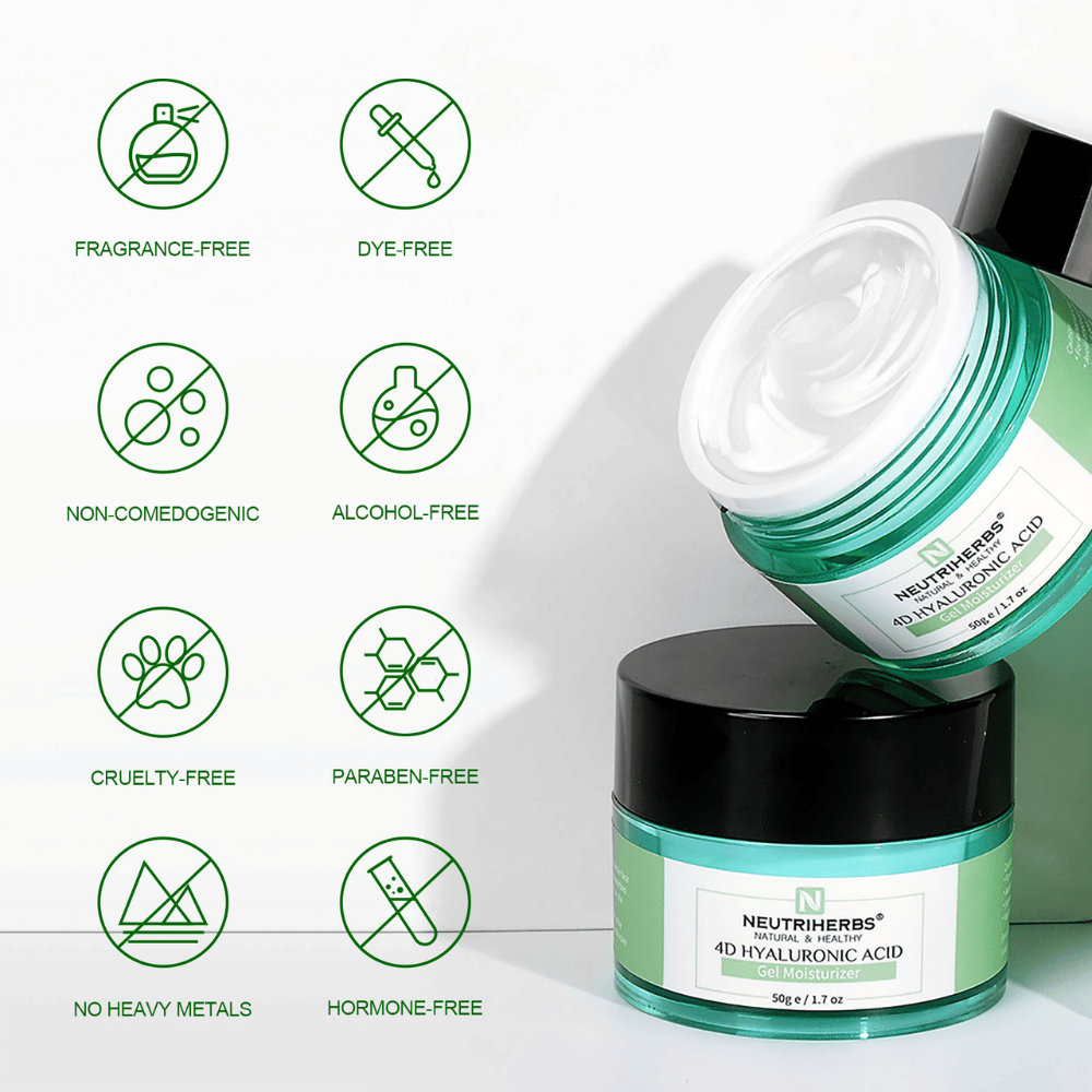 Neutriherbs 4D Hyaluronic Acid Gel Moisturizer 50 g con illustrazione delle caratteristiche del prodotto. La crema gel è senza profumo, senza alcol, senza coloranti, non comedogenica, senza parabeni e cruelty-free, oltre a essere priva di metalli pesanti e ormoni, il che la rende delicata per tutti i tipi di pelle, anche quella sensibile.