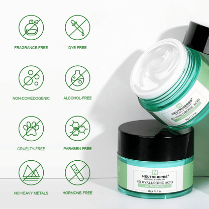 Neutriherbs 4D Hyaluronic Acid Gel Moisturizer 50 g con illustrazione delle caratteristiche del prodotto. La crema gel è senza profumo, senza alcol, senza coloranti, non comedogenica, senza parabeni e cruelty-free, oltre a essere priva di metalli pesanti e ormoni, il che la rende delicata per tutti i tipi di pelle, anche quella sensibile.