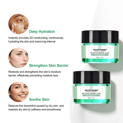 Neutriherbs 4D Hyaluronic Acid Gel Moisturizer 50 g con illustrazione dei principali benefici del prodotto. La crema gel dona un’idratazione intensa, aiuta a rafforzare la barriera protettiva della pelle e lenisce la pelle secca e sensibile per una sensazione cutanea più morbida ed elastica.