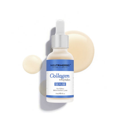 Neutriherbs Collagen + Peptides Serum 30 ml su sfondo bianco con decorative bolle di collagene. Siero viso idratante e rassodante che aiuta a migliorare l'elasticità della pelle e a ridurre le linee sottili visibili.