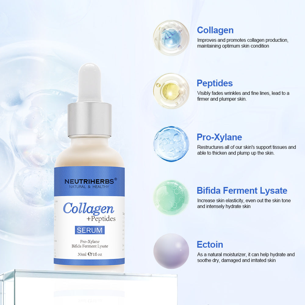 Illustrazione degli ingredienti chiave di Neutriherbs Collagen + Peptides Serum 30 ml. Mostra collagene, peptidi, Pro-Xylane, Bifida Ferment Lysate ed ectoina – ingredienti che aiutano a idratare la pelle, migliorare l'elasticità e ridurre le linee sottili visibili.